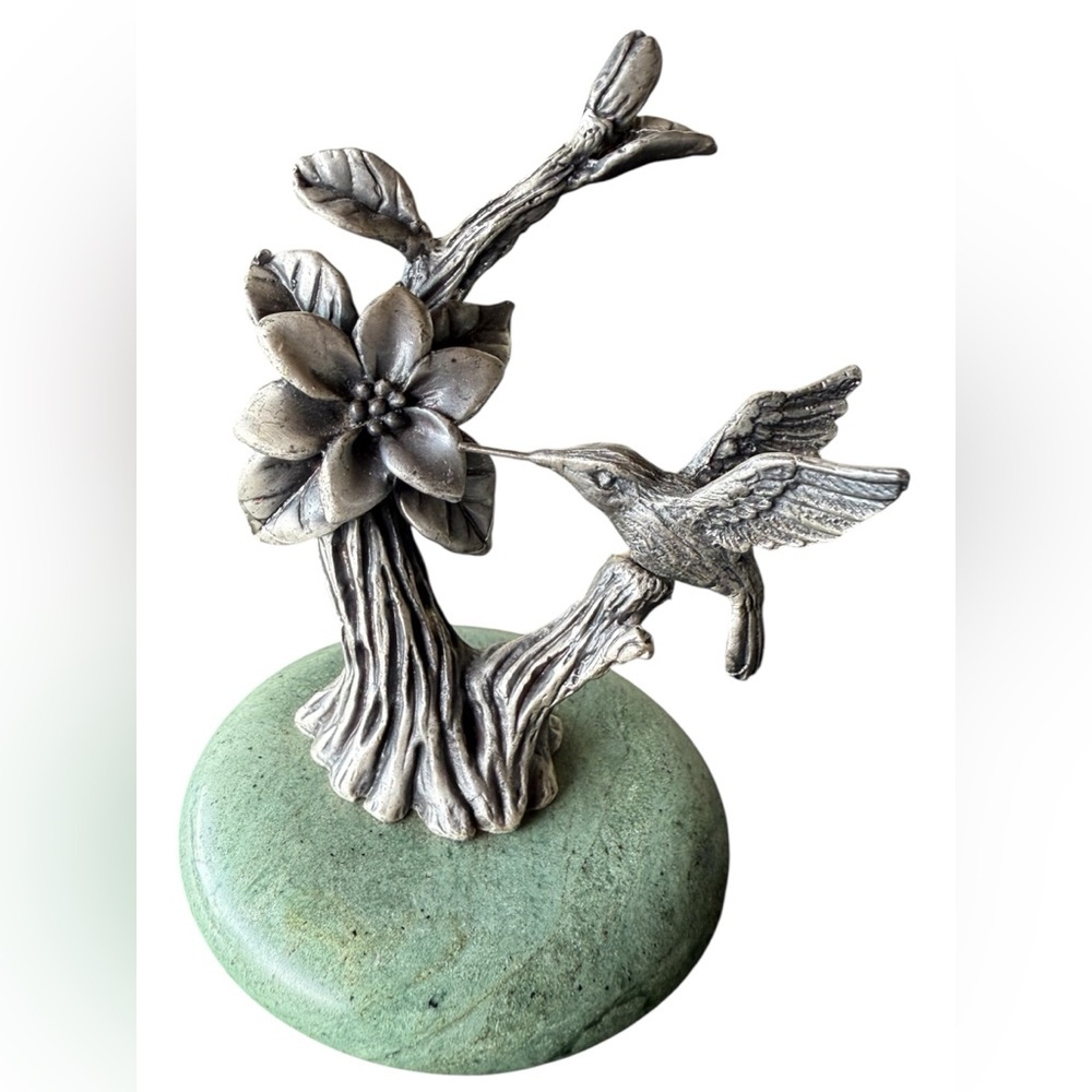 GEORGE GOOD Cast-Pewter Hummingbird SCULPTURE, Mounted on Jade Green Marble Base
